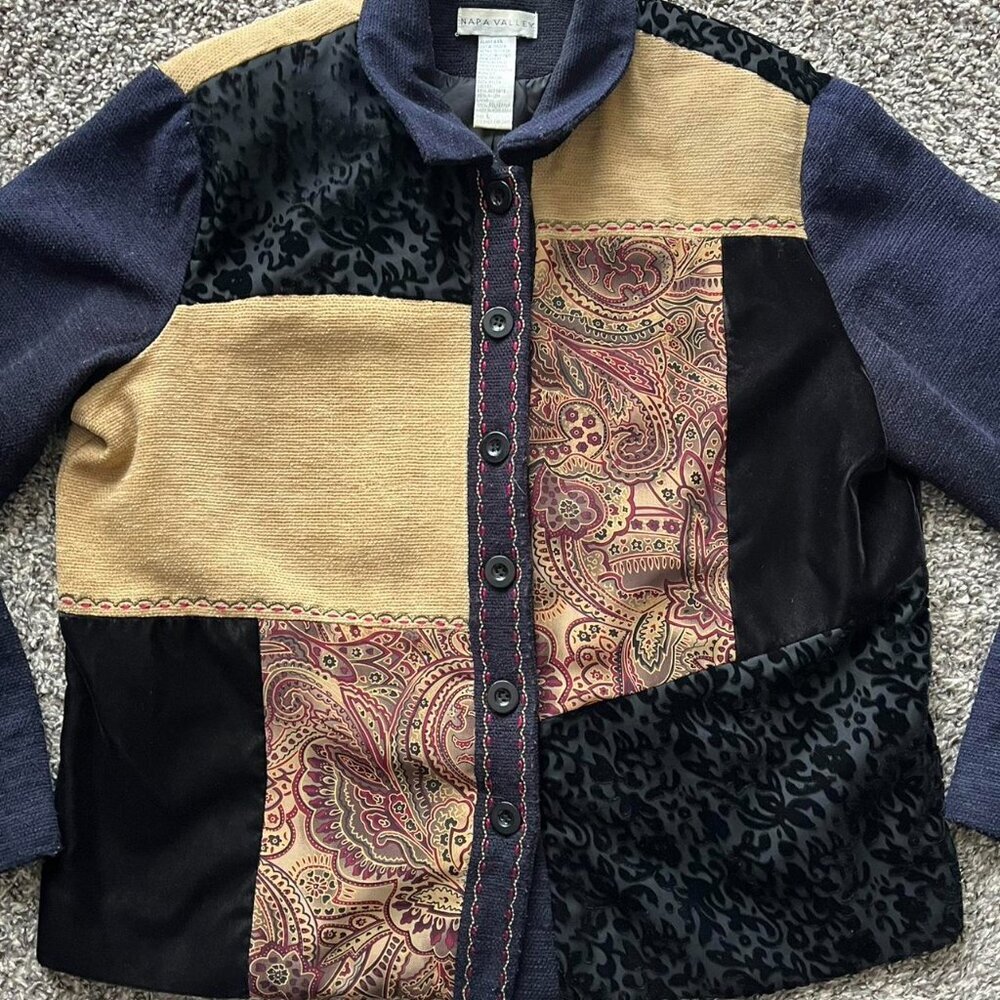 Vintage 90s Napa Valley Shacket Women L Grandma Patchwork Corduroy Velvet Paisle - Picture 2 of 8